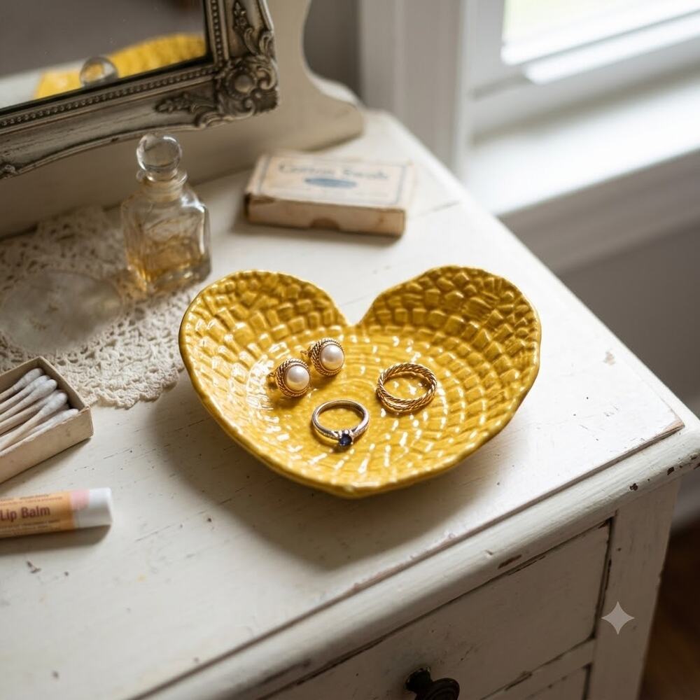 Vintage Bright Yellow Textured Heart-Shaped Ceramic Trinket Dish